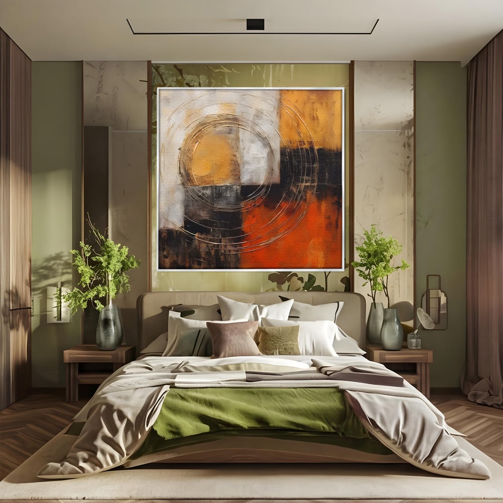 Tablou canvas cu pictura abstracta cu cercuri suprapuse, in rama de aluminiu argintiu, pe perete intr-un dormitor
